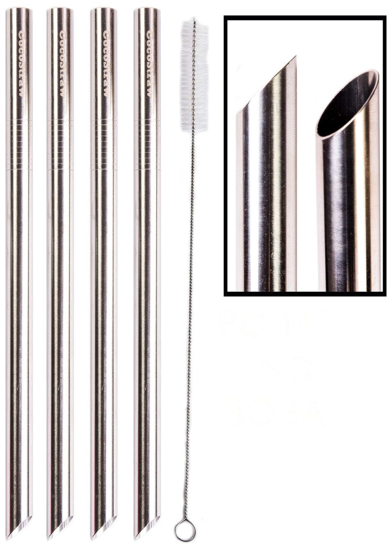 CocoStraw 4 POINT END BOBA Straw Stainless Steel Extra Wide 1/2" x 9.5" Long Tapioca Pearl Bubble Tea Thick FAT - CocoStraw Brand - Image 1